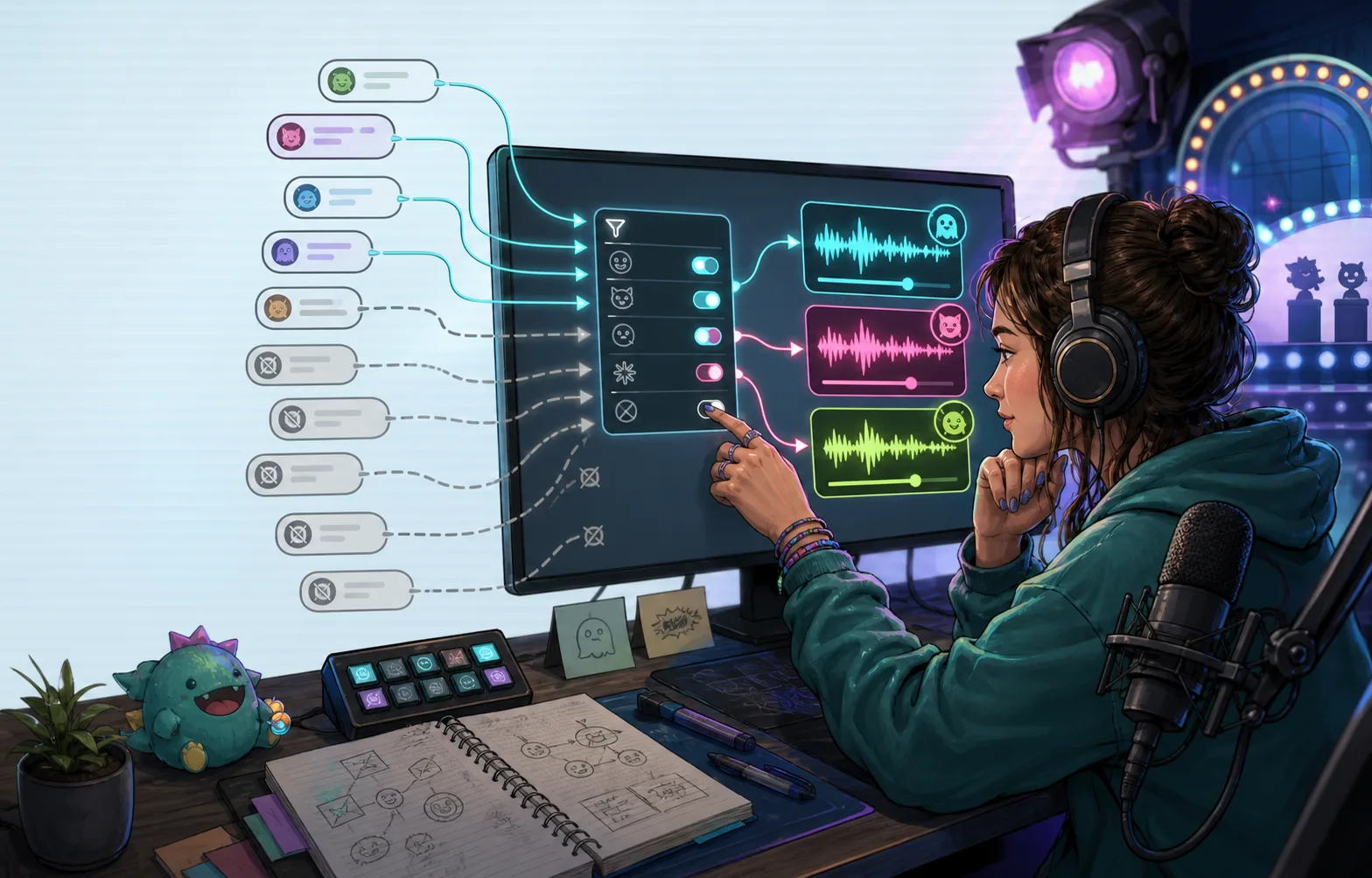 A creator filters chat reactions into a few controlled voice-trigger waveforms.
