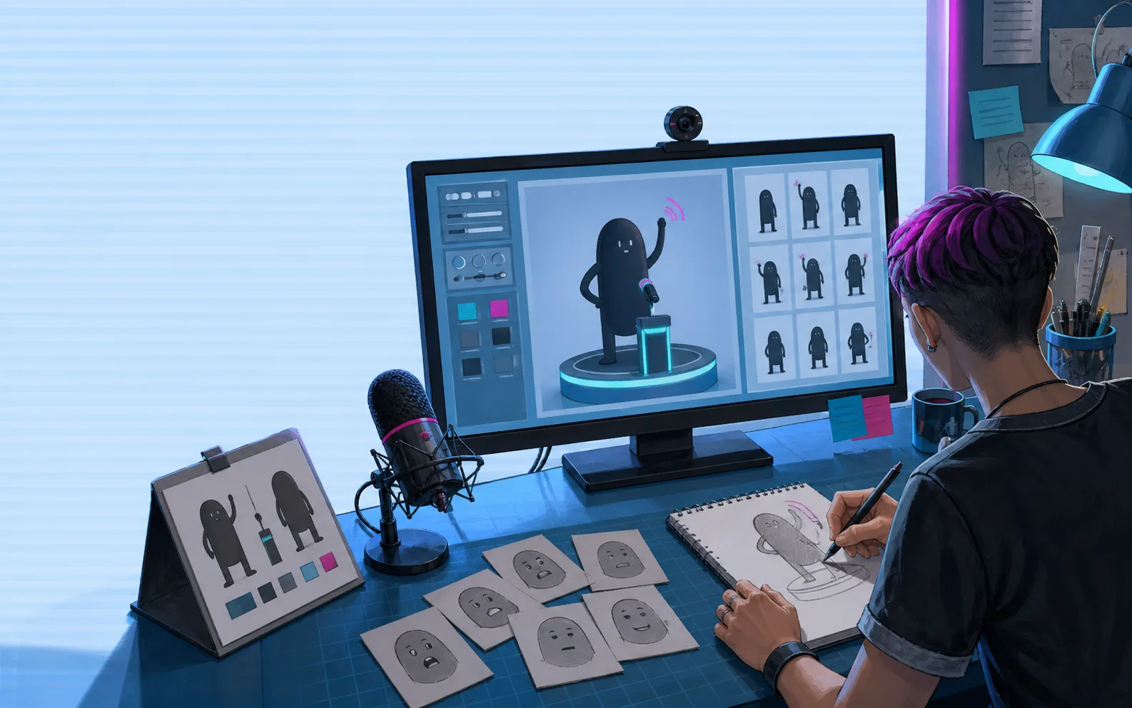 A creator prepares a contestant character and reactions for a voice game show.