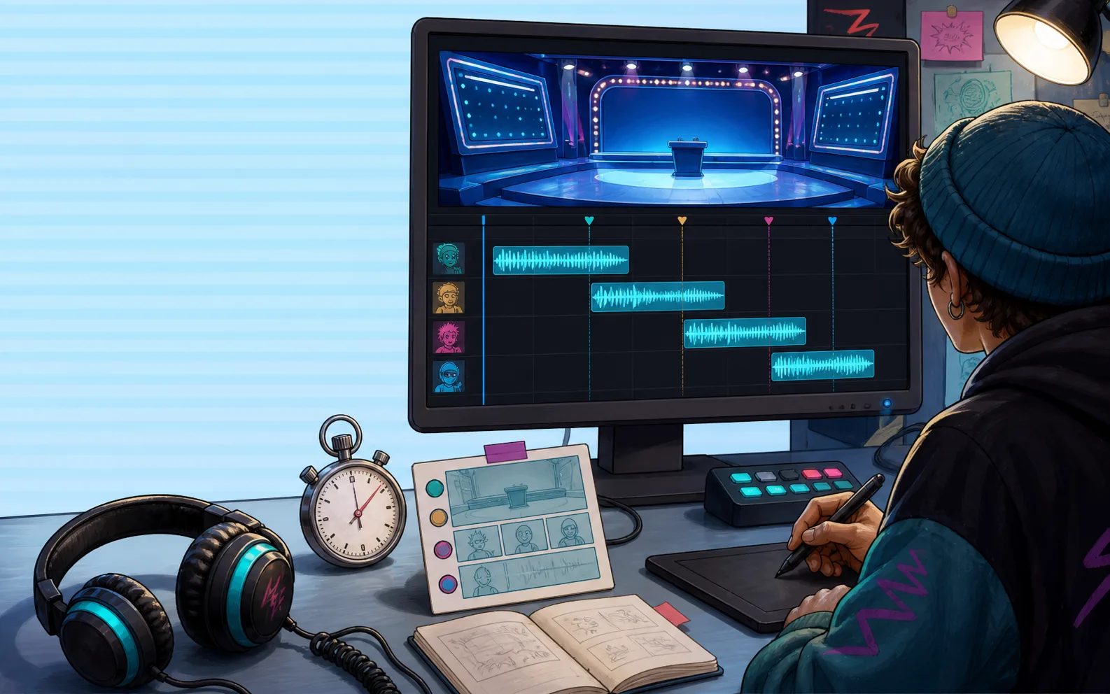 A creator aligns audio waveform cues to a short game-show video scene.