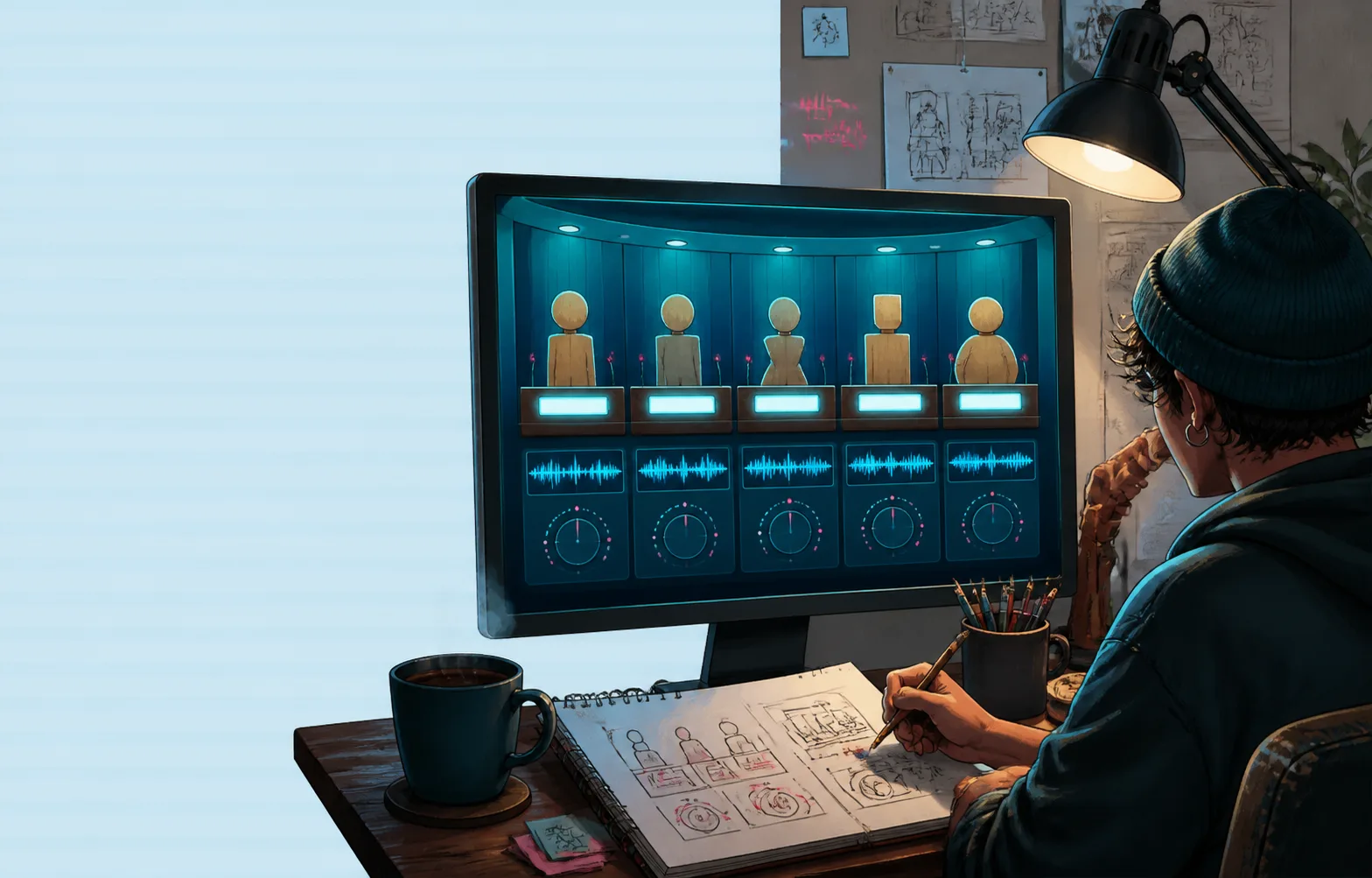 A creator lays out a five-seat judge panel with audio and score controls.