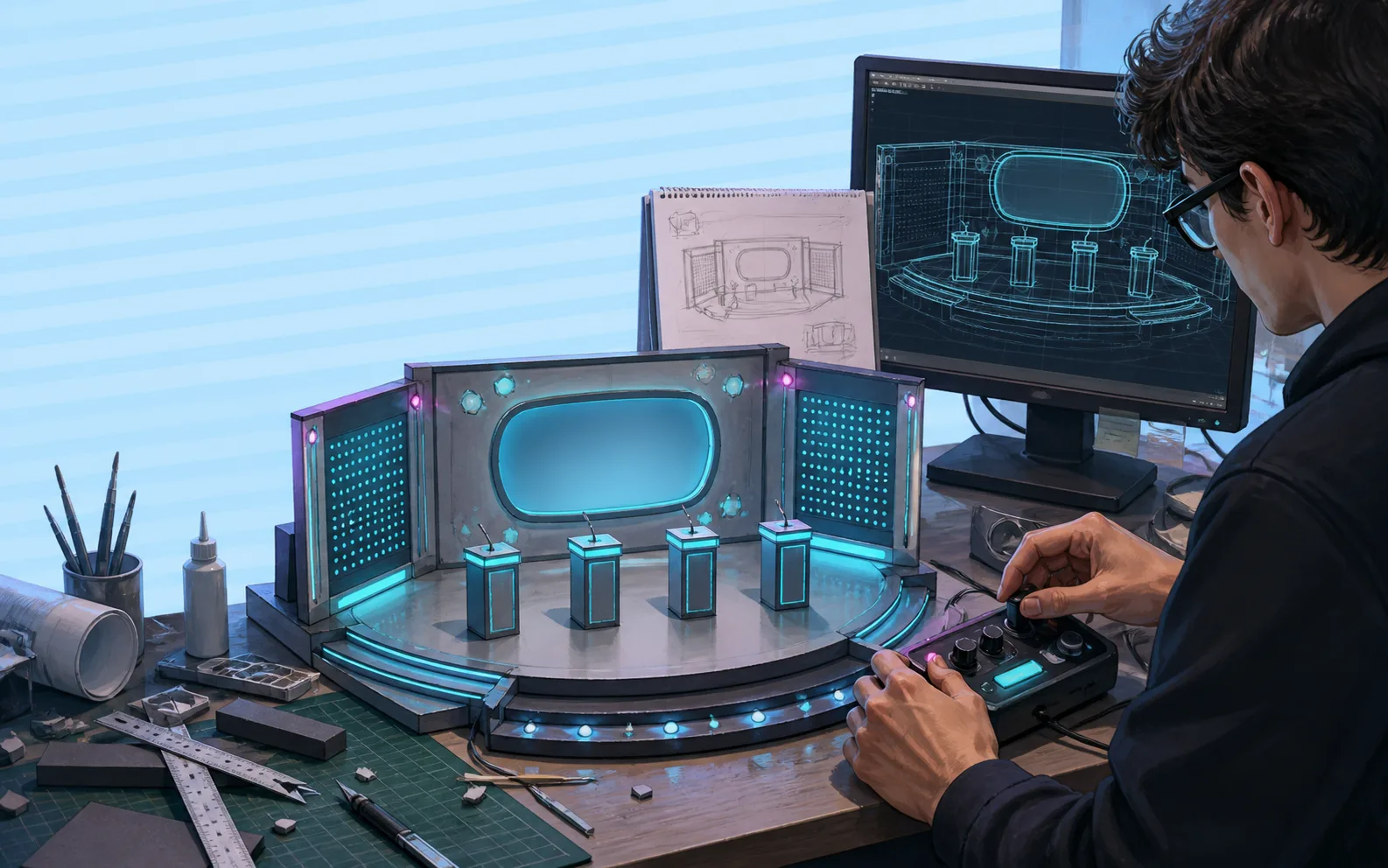 A creator tests a tabletop game-show studio model beside a 3D stage draft.