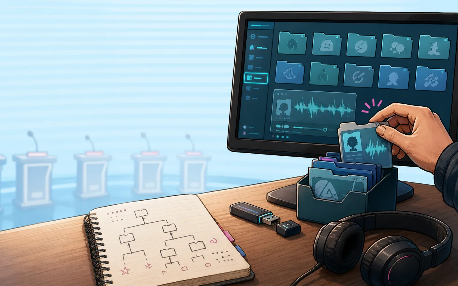 A creator organizes a small Voice Pack folder with an audio clip and headphones.