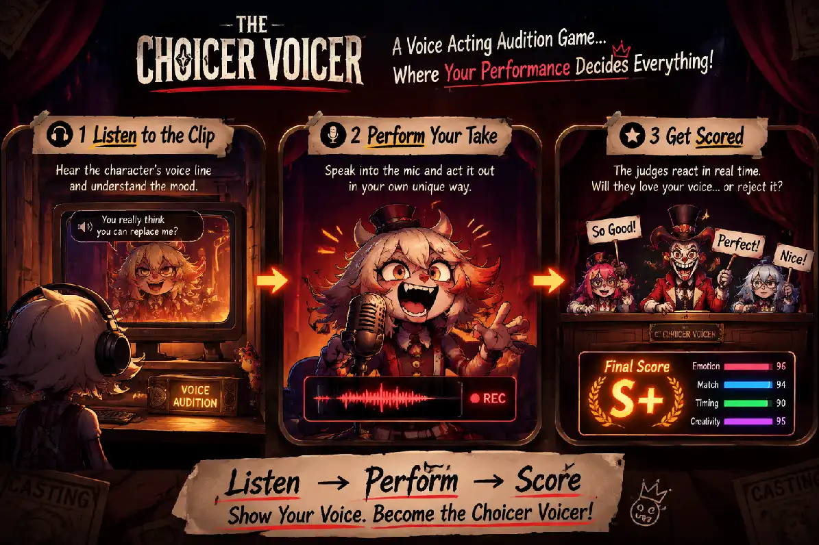 Choicer Voicer gameplay loop: hear a clip, perform it, and get judged